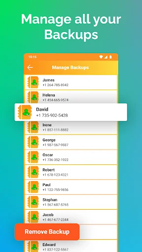 Backup management screen displaying list of saved contact backups with option to remove individual backups