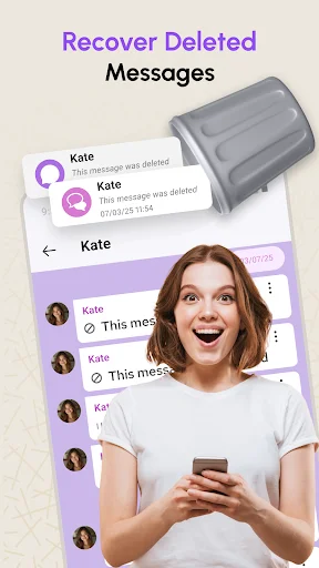 Woman holding phone with Recover Deleted Messages app interface showing deleted message notifications from contacts