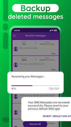 SMS message recovery in progress screen showing progress bar at 47 percent recovering deleted messages from device backup