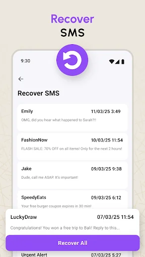 Recover SMS screen displaying list of recoverable deleted SMS messages with sender names, dates, and Recover All button