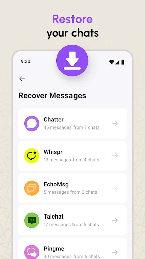 Restore your chats screen showing messaging apps available for recovery including Chatter, Whispr, EchoMsg, Talchat, Pingme
