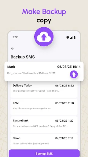 Make Backup copy screen with list of SMS messages ready to backup from contacts with dates and times displayed