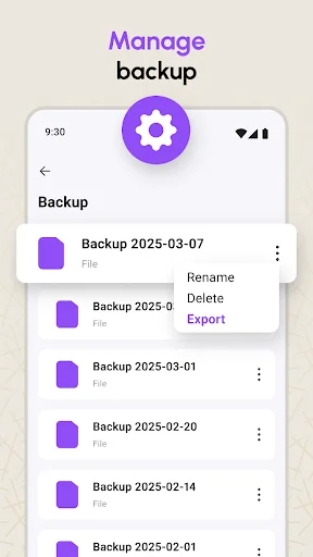 Manage backup screen showing backup files with dates like 2025-03-07 and options to Rename, Delete, or Export backups