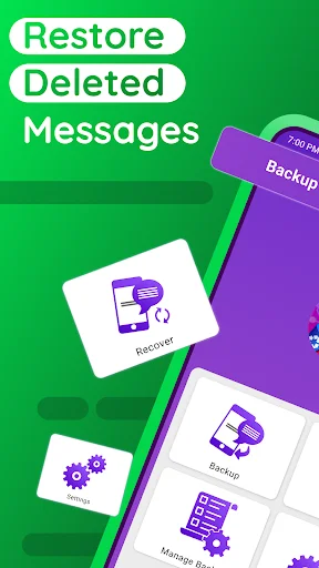 App feature overview showing Restore Deleted Messages functionality with Recover, Backup, and Manage icons on green background