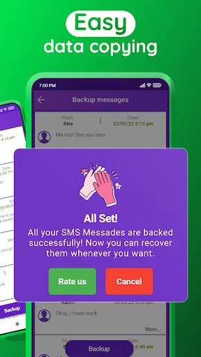 Confirmation screen showing All Set message with hands emoji indicating SMS messages backed up successfully with rate prompt