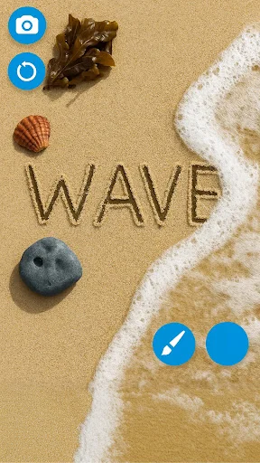 Beach scene with 'WAVE' drawn in sand, ocean waves, shells, and rocks - creative sand doodle pad interface