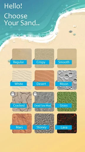 Sand texture selection menu displaying Regular, Crispy, Smooth, White, Desert, Moon, Cracked, Dead Sea Mud, Grass, Mars, Stoney, Lava options