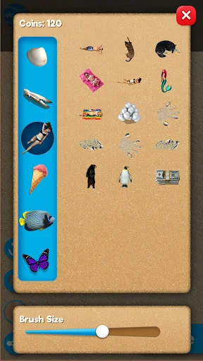 Decorative items shop menu with 120 coins balance and beach objects, brush size slider for creative sand drawing