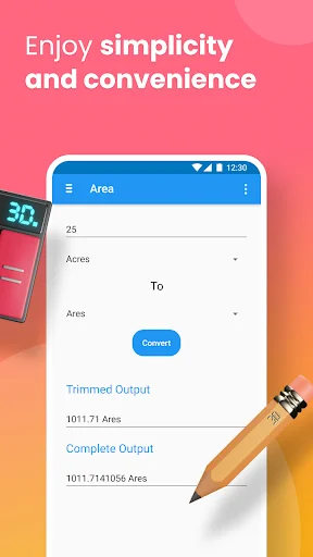 Scientific Unit Converter Area conversion interface showing simplified conversion from 25 Acres to 1011.71 Area units with Convert button and trimmed output display