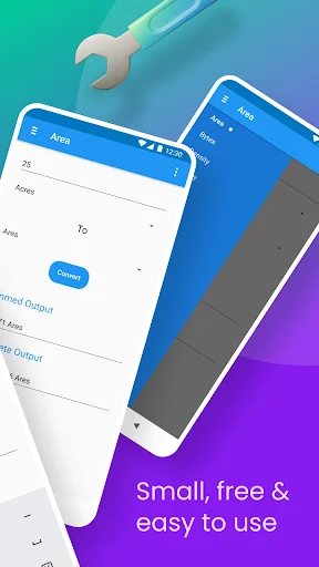 Scientific Unit Converter app Area unit conversion feature with two phone mockups displaying unit entry fields, conversion options, and blue Convert button with simplicity messaging