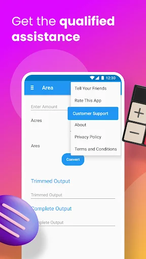 Scientific Unit Converter customer support menu showing qualified assistance options: Tell Your Friends, Rate This App, Customer Support, About, Privacy Policy, and Terms and Conditions