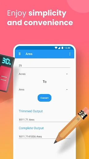 Scientific Unit Converter Area conversion interface showing simplified conversion from 25 Acres to 1011.71 Area units with Convert button and trimmed output display