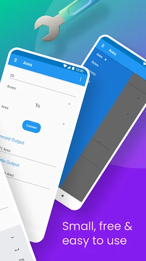 Scientific Unit Converter app Area unit conversion feature with two phone mockups displaying unit entry fields, conversion options, and blue Convert button with simplicity messaging