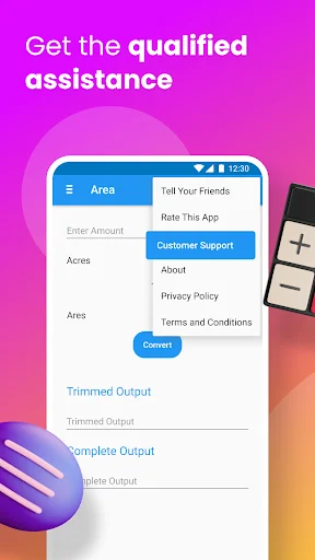 Scientific Unit Converter customer support menu showing qualified assistance options: Tell Your Friends, Rate This App, Customer Support, About, Privacy Policy, and Terms and Conditions