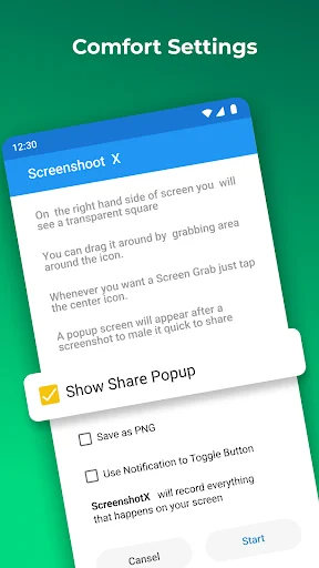 Screenshot X app comfort settings menu displaying configuration options for grab area, share popup, and screenshot recording preferences