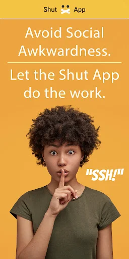 Woman making shush gesture promoting Shut App to avoid social awkwardness and silence loud people