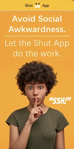 Woman making shush gesture promoting Shut App to avoid social awkwardness and silence loud people