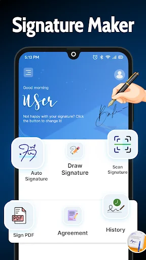 Signature Maker app home screen with menu options for Auto Signature, Draw, Scan, Sign PDF, Agreement, and History