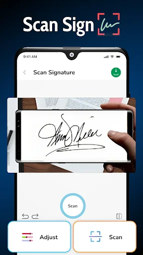 Scan Signature camera preview capturing handwritten signature on paper with Adjust and Scan control buttons