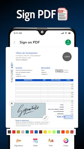Sign PDF document interface with signature field and color palette for adding and customizing signature on PDF