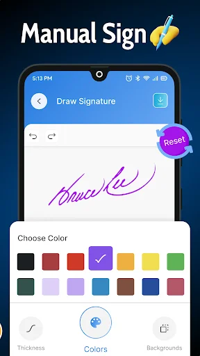 Manual signature drawing canvas with purple ink signature, color palette selector, and thickness adjustment tools