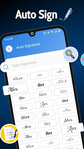 Auto Signature feature showing text input and grid of pre-generated signature styles in different fonts and handwriting