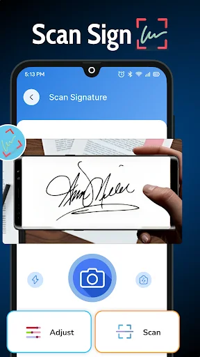 Scan Signature interface with camera preview of handwritten signature and Adjust, Scan control buttons