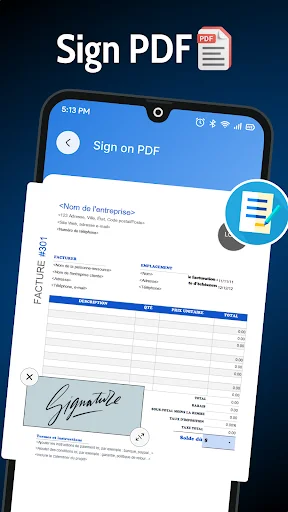 Sign PDF feature displaying document page with signature field and handwritten signature stamp preview