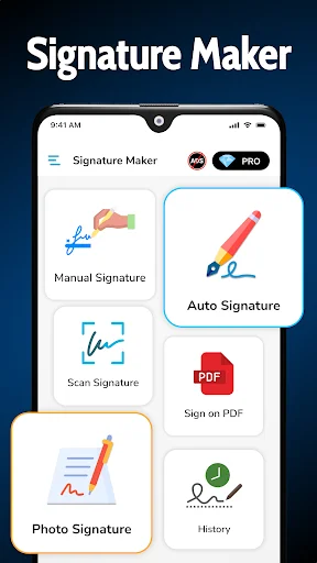 Signature Maker main menu with navigation icons for Manual, Auto, Scan, PDF, Photo signatures and History