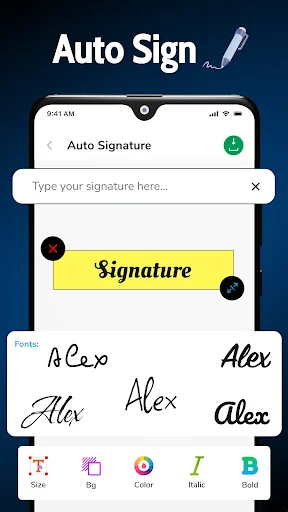 Auto Signature editor with text input, yellow signature preview, and Font, Size, Color customization options