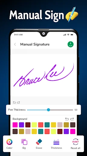 Manual signature drawing canvas with purple handwritten signature, pen thickness slider, color and background options