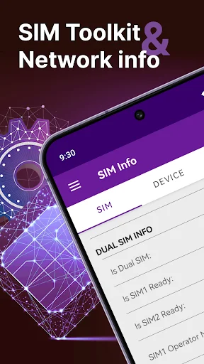 SIM Toolkit app home screen displaying SIM Info tab with Dual SIM information and Device details in purple interface