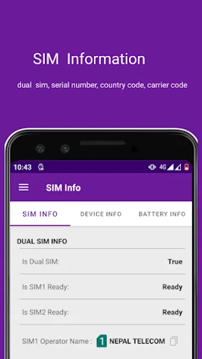 SIM information screen displaying dual SIM card details with operator names and cellular carrier information