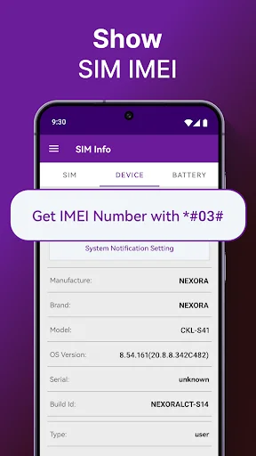 SIM IMEI information screen with method to retrieve IMEI number and device system notification settings details
