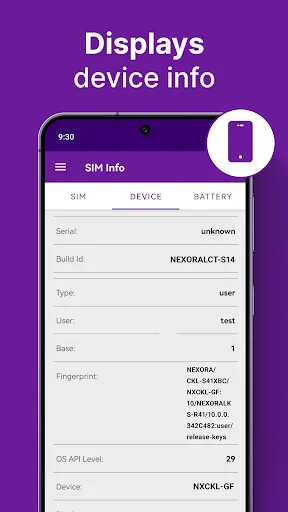 Device information tab showing phone specifications including manufacturer, model, serial, build ID, OS version
