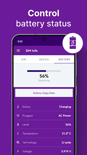 Battery control screen showing 56% charge level with battery usage stats and device power information display