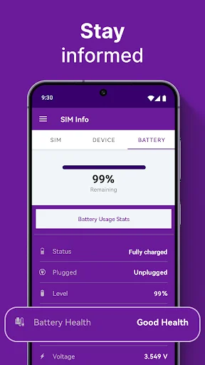 Battery health monitoring screen displaying 99% charge with good health status and battery metrics overview