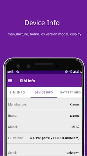 Device information screen showing manufacturer Xiaomi, brand, model Mi A2, and operating system version details