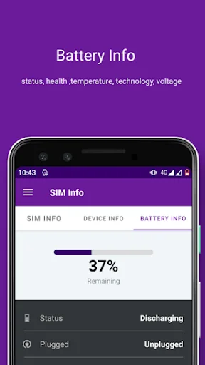 Battery information screen showing 37% charge level with discharging status and detailed battery health metrics