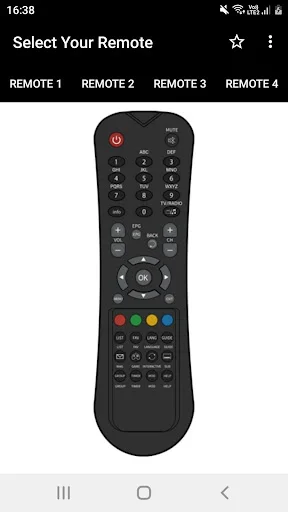 Black universal TV remote with red power button, numbers 0-9, colored buttons, and directional pad
