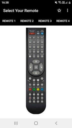Extended black remote control with large numeric display area, colored buttons, and media controls