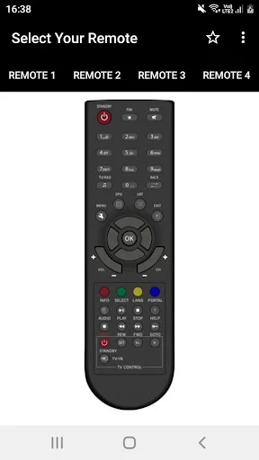Black digital remote with red power button, 0-9 keypad, colored function buttons, and center OK pad