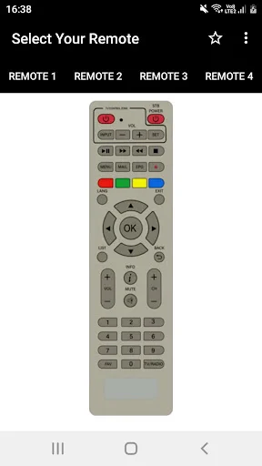 Light gray TV remote with red power buttons, numbers 0-9, colored controls, and directional navigation