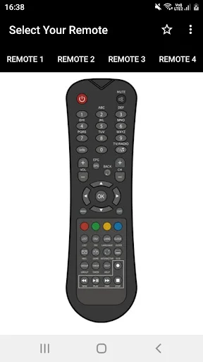 Black TV remote control with red power button, numeric keypad, colored buttons, and navigation pad