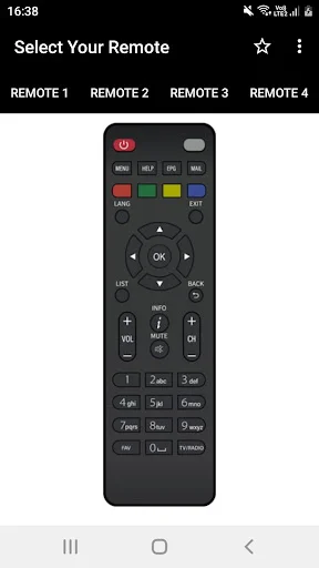 Compact black remote with power button, colored buttons, directional navigation, and number keys