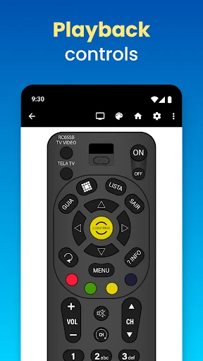 Playback controls interface showing remote buttons for TV navigation, play/pause, volume and menu management features