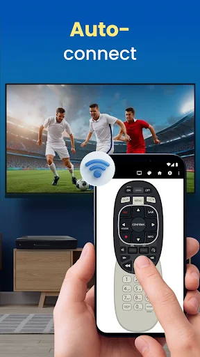Auto-connect feature demonstrating wireless remote control syncing to TV displaying sports content on screen