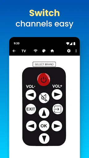 Switch channels easy interface showing simplified remote with volume controls, navigation arrows and OK button for channel selection