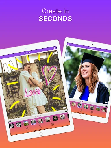 Quick slideshow maker interface creating slideshows in seconds with photos, text, and decorative elements