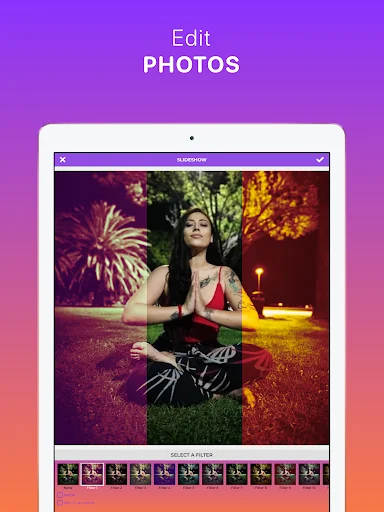 Photo editing interface with filters and effects for customizing slideshow images